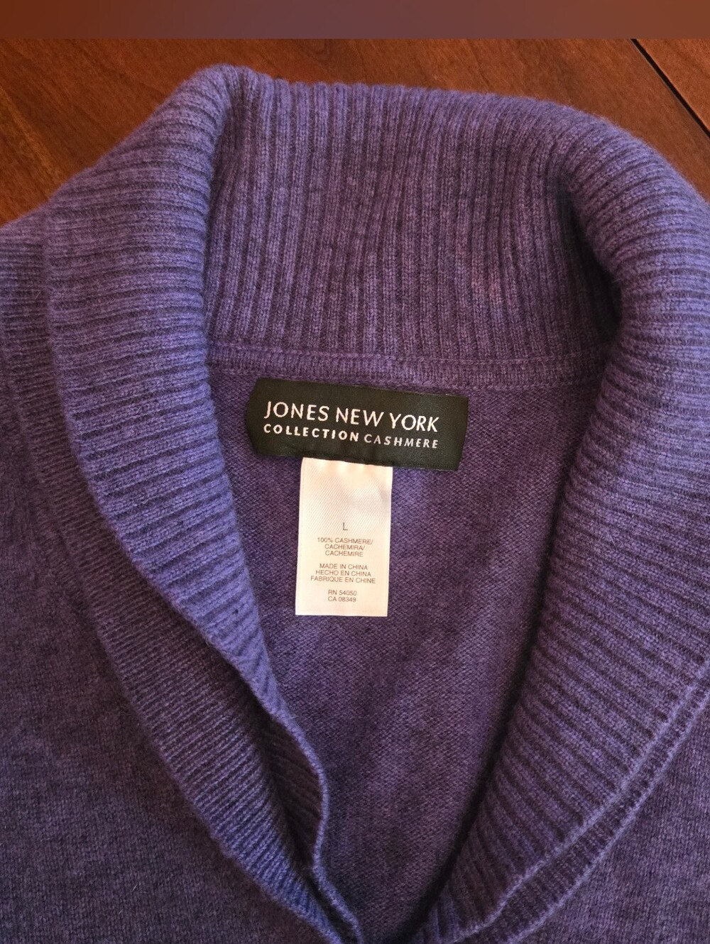 Jones New York Purple Cashmere V-Neck Sweater with Shawl Collar